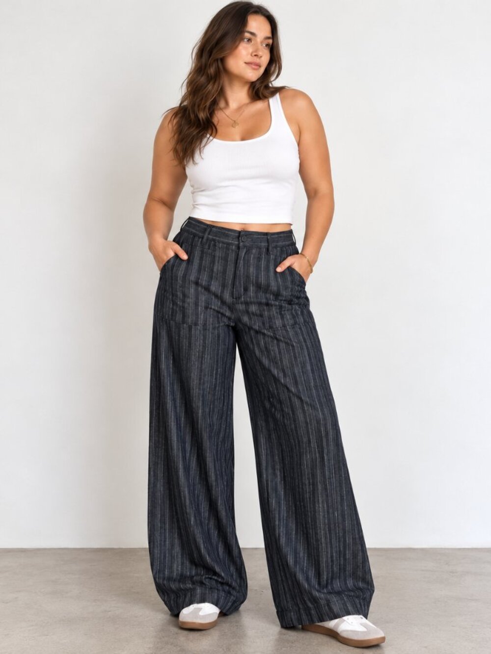 K&R London The Slouch Jean Navy Pinstripe Wide Leg Skater Denim Pants Large